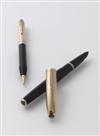 Ca. 1944 Parker ""51"" black lucite fountain pen and mechanical pencil set with 14K ""Empire State"" pattern cap, the pen double-jewell